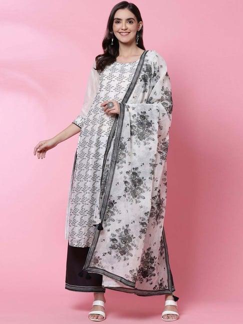 biba white & black embroidered kurta palazzo set with dupatta