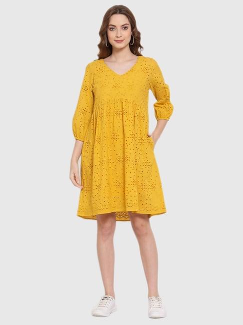 terquois yellow cut work dress