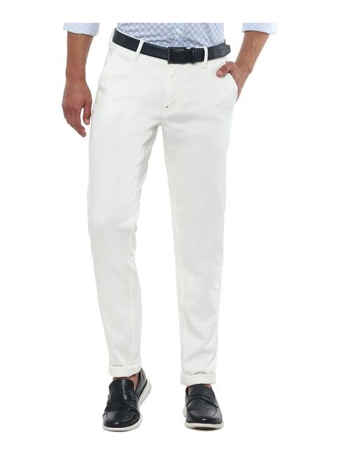 louis philippe white slim fit flat front trousers