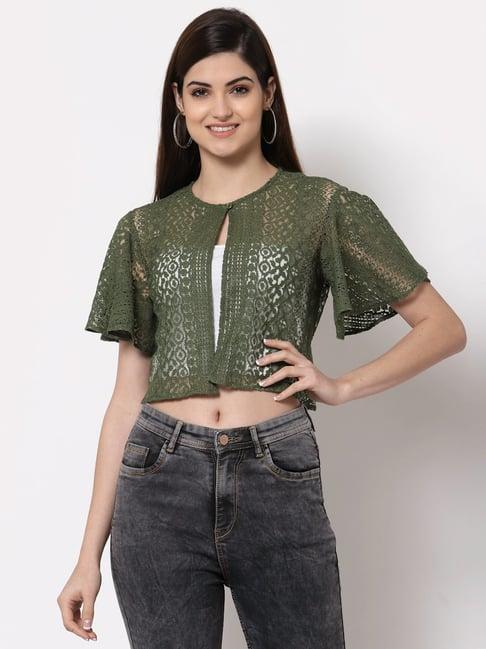 style quotient women olive self design lace open front smart casual shrug