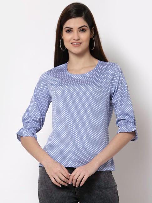 style quotient women blue and white polka dot printed polyester smart casual top