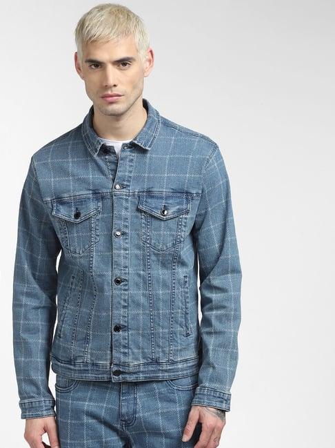 jack & jones blue denim cotton regular fit checks jacket