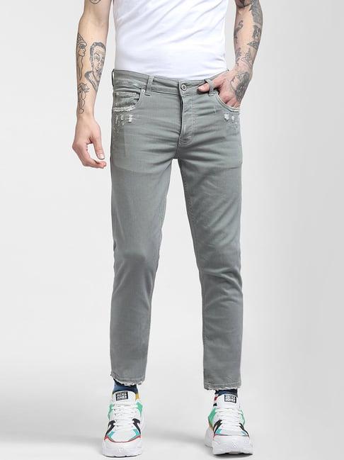 jack & jones sage green cotton slim fit distressed jeans