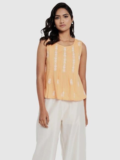 fabindia orange cotton embroidered top