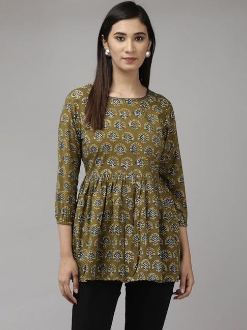 indo era olive green printed tunic