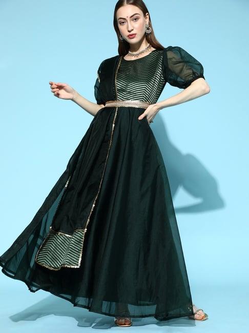 indo era green embellished maxi dress with belt & dupatta