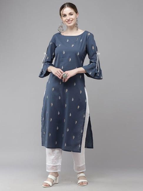 indo era navy printed straight kurta