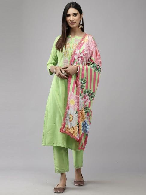 indo era green embroidered kurta pant set with dupatta