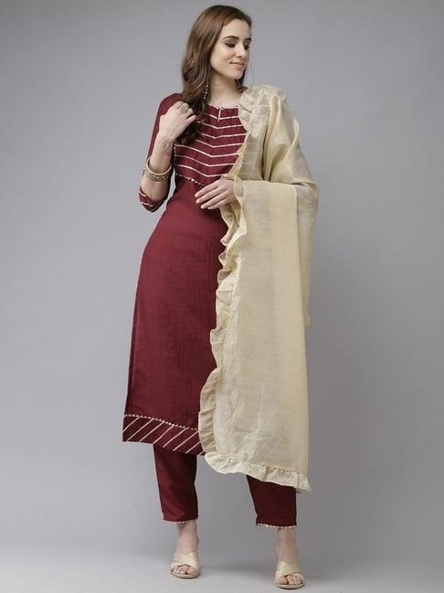 indo era maroon zari work kurta pant set with dupatta