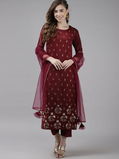 indo era maroon pure cotton embroidered kurta pant set with dupatta