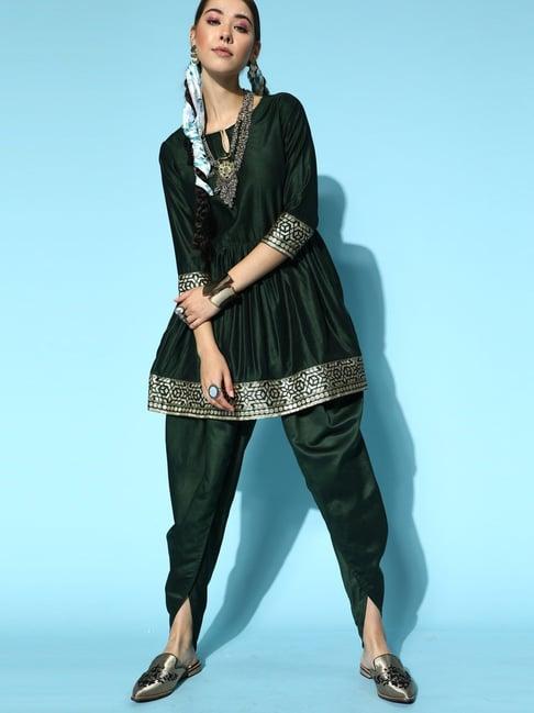 indo era green woven pattern kurti dhoti pant set