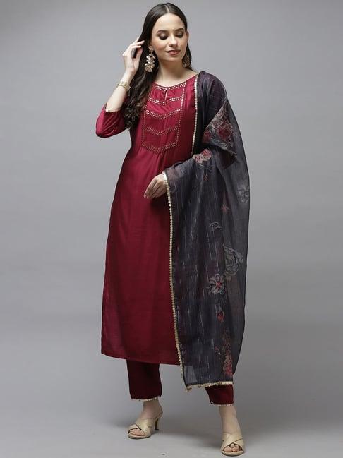 indo era maroon embroidered kurta pant set with dupatta