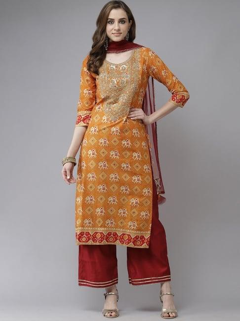 indo era mustard & red embroidered kurta palazzo set with dupatta