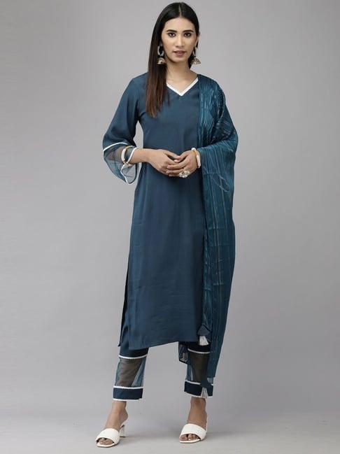 indo era teal blue kurta pant set with dupatta