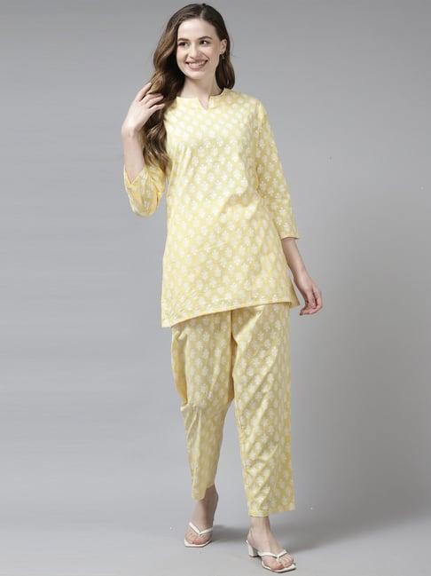 indo era yellow printed tunic pant set