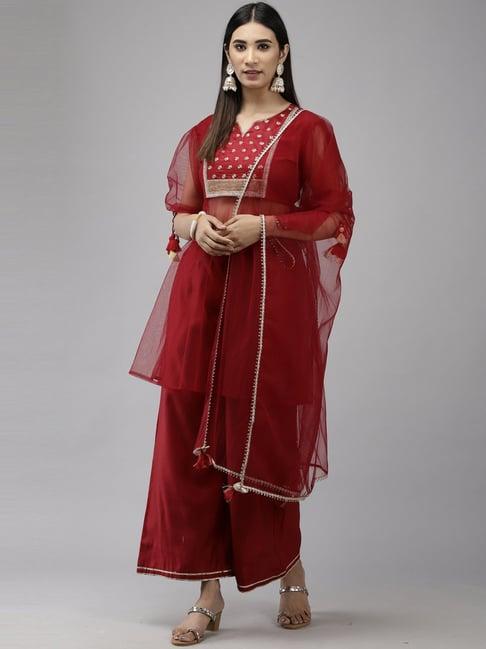 indo era red embroidered kurti palazzo set with dupatta