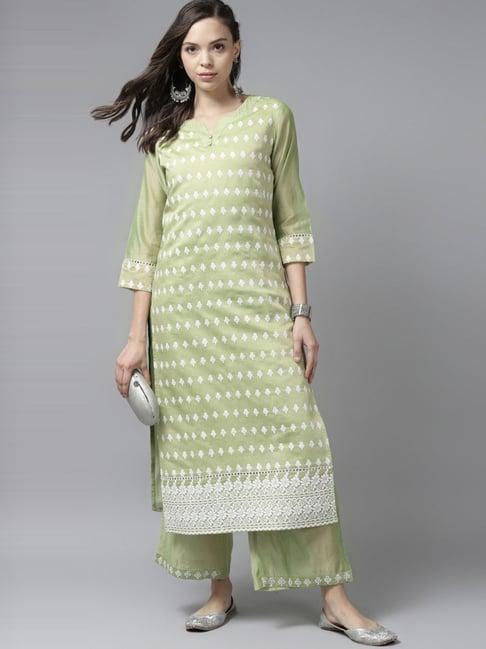 indo era green embroidered kurta palazzo set