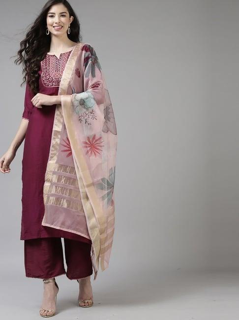 indo era purple embroidered kurta palazzo set with dupatta