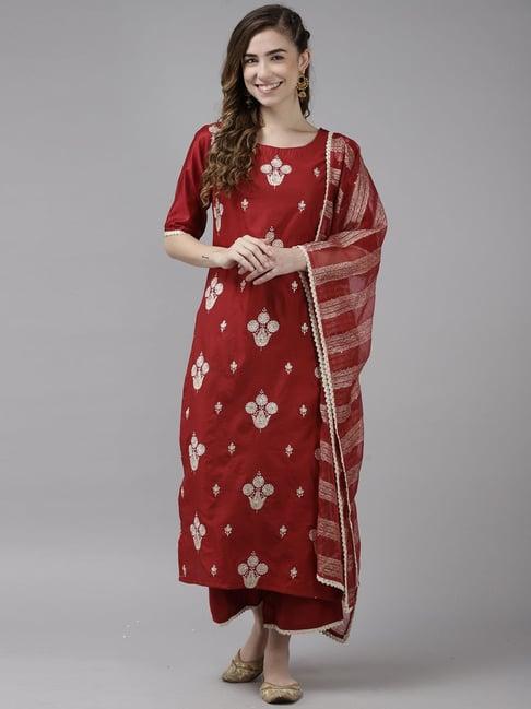 indo era red embroidered kurta palazzo set with dupatta