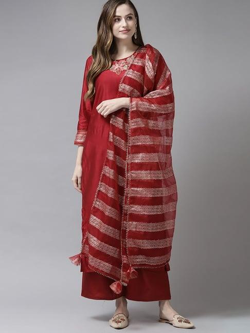 indo era red embroidered kurta palazzo set with dupatta