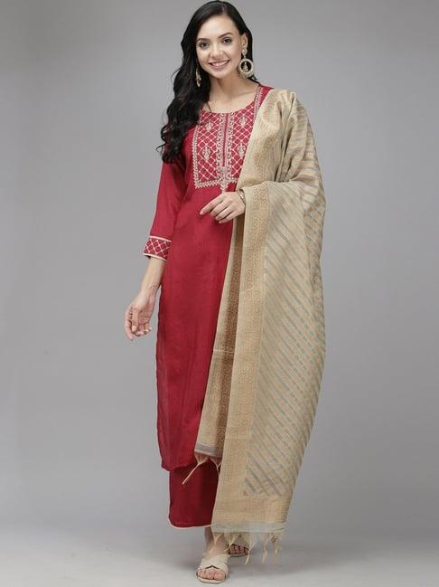 indo era maroon embroidered kurta palazzo set with dupatta