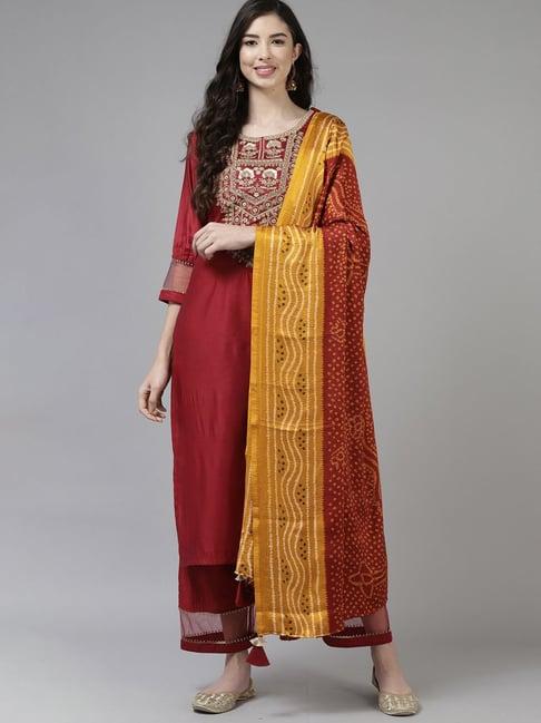 indo era red embroidered kurta palazzo set with dupatta