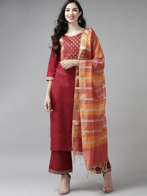 indo era maroon woven pattern kurta palazzo set with dupatta