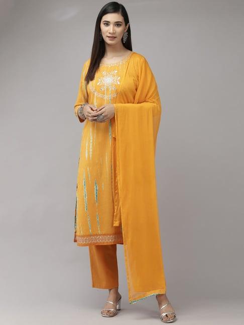 indo era yellow embroidered kurta pant set with dupatta