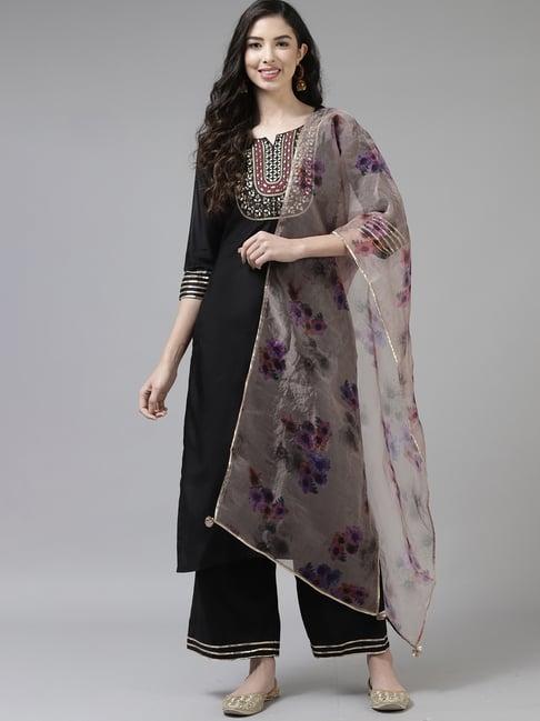 indo era black embroidered kurta palazzo set with dupatta