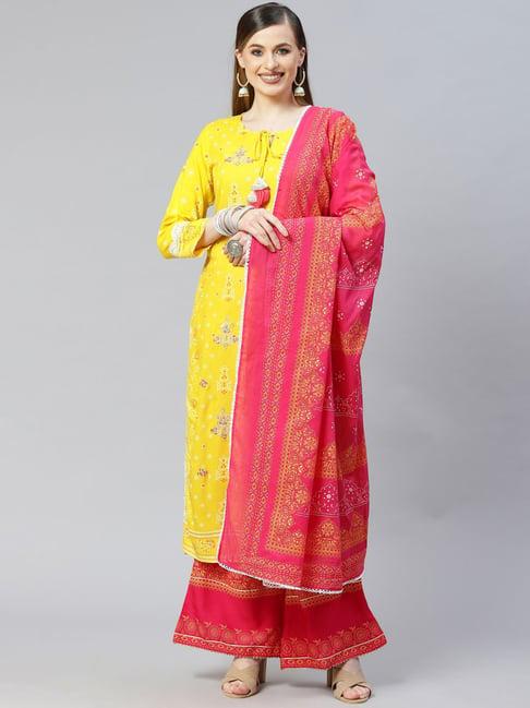 indo era yellow & pink embroidered kurta palazzo set with dupatta