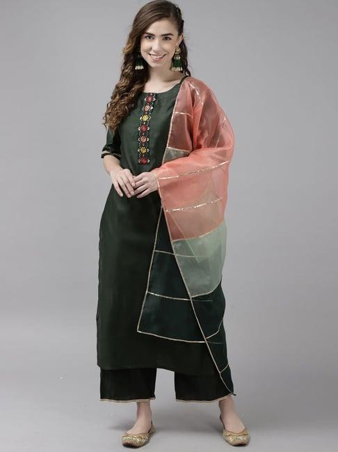 indo era green embroidered kurta palazzo set with dupatta