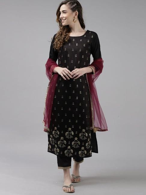 indo era black pure cotton embroidered kurta pant set with dupatta