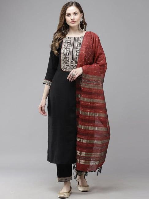 indo era black embroidered kurta pant set with dupatta