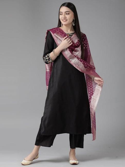 indo era black embroidered kurta palazzo set with dupatta