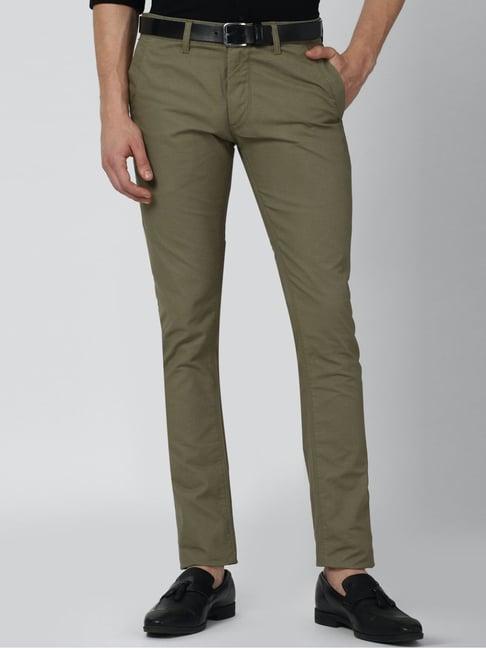 peter england olive green cotton skinny fit trousers