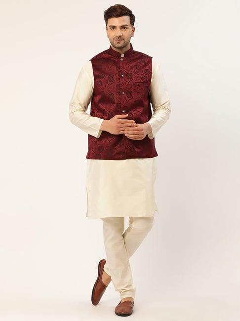 jompers maroon & beige regular fit floral print kurta set with jacket