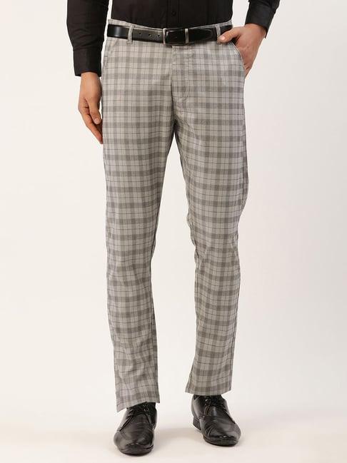 jainish grey cotton tapered fit checks flat front trousers