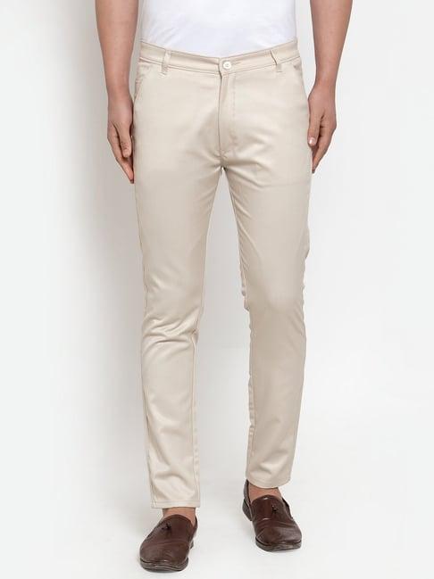 jainish cream cotton tapered fit flat front trousers