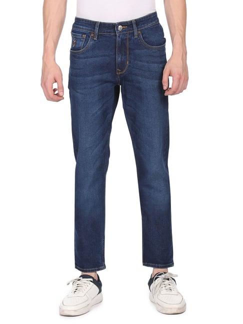 men blue mid rise dark wash jeans