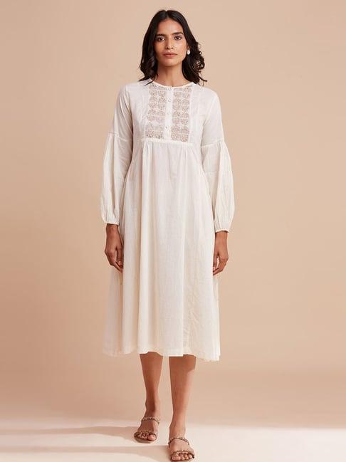 folksong by w off-white cotton embroidered a line kurta