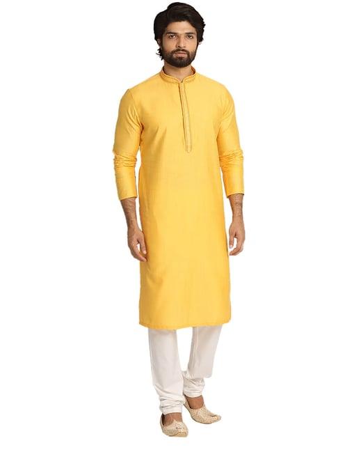 manyavar mustard & white regular fit kurta with churidar set