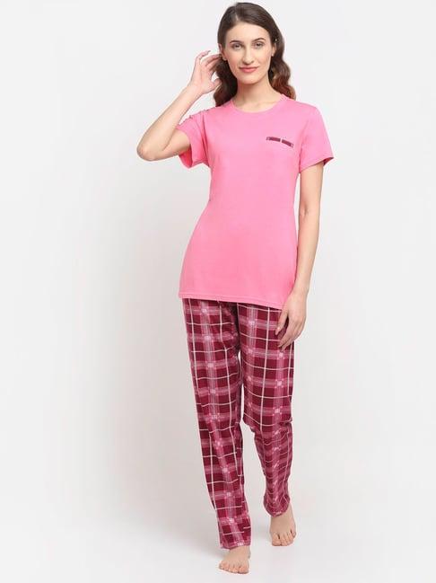 kanvin pink & maroon cotton top with pyajmas