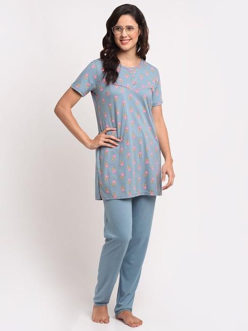 kanvin blue floral print tunic with pyajmas