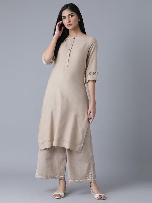 w beige embroidered straight kurta