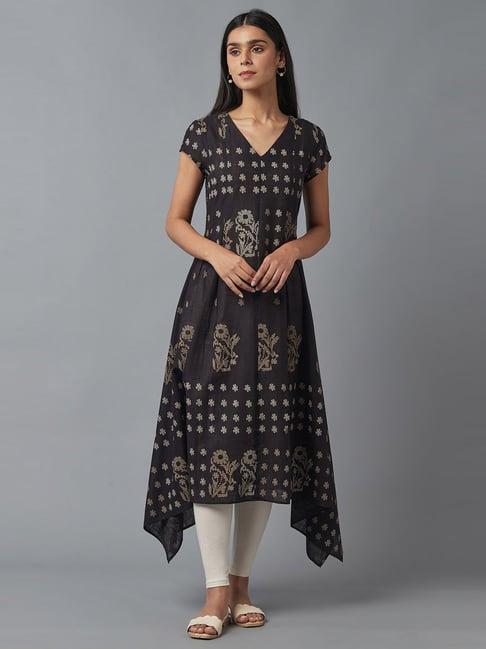 w black cotton floral print flared kurta