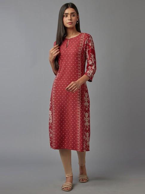 w red floral print straight kurta