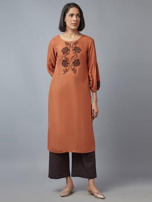 w brown floral print straight kurta