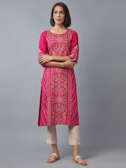 w pink floral print straight kurta