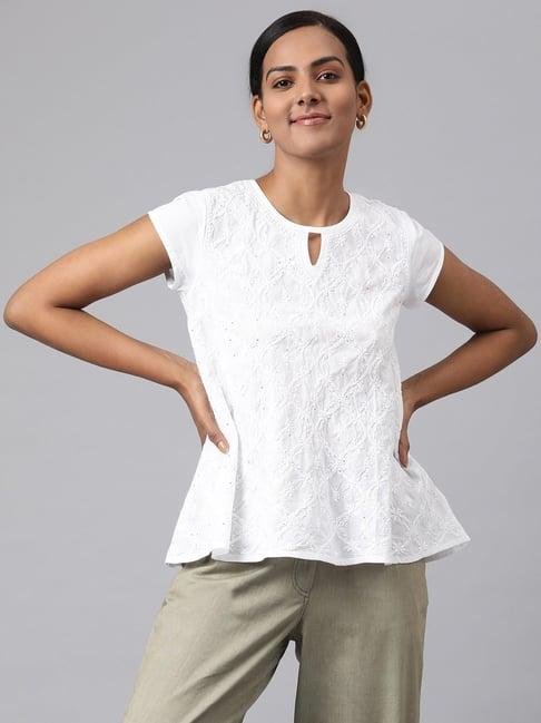 fabindia white cotton embroidered top