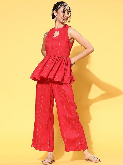 ziyaa red printed top palazzo set